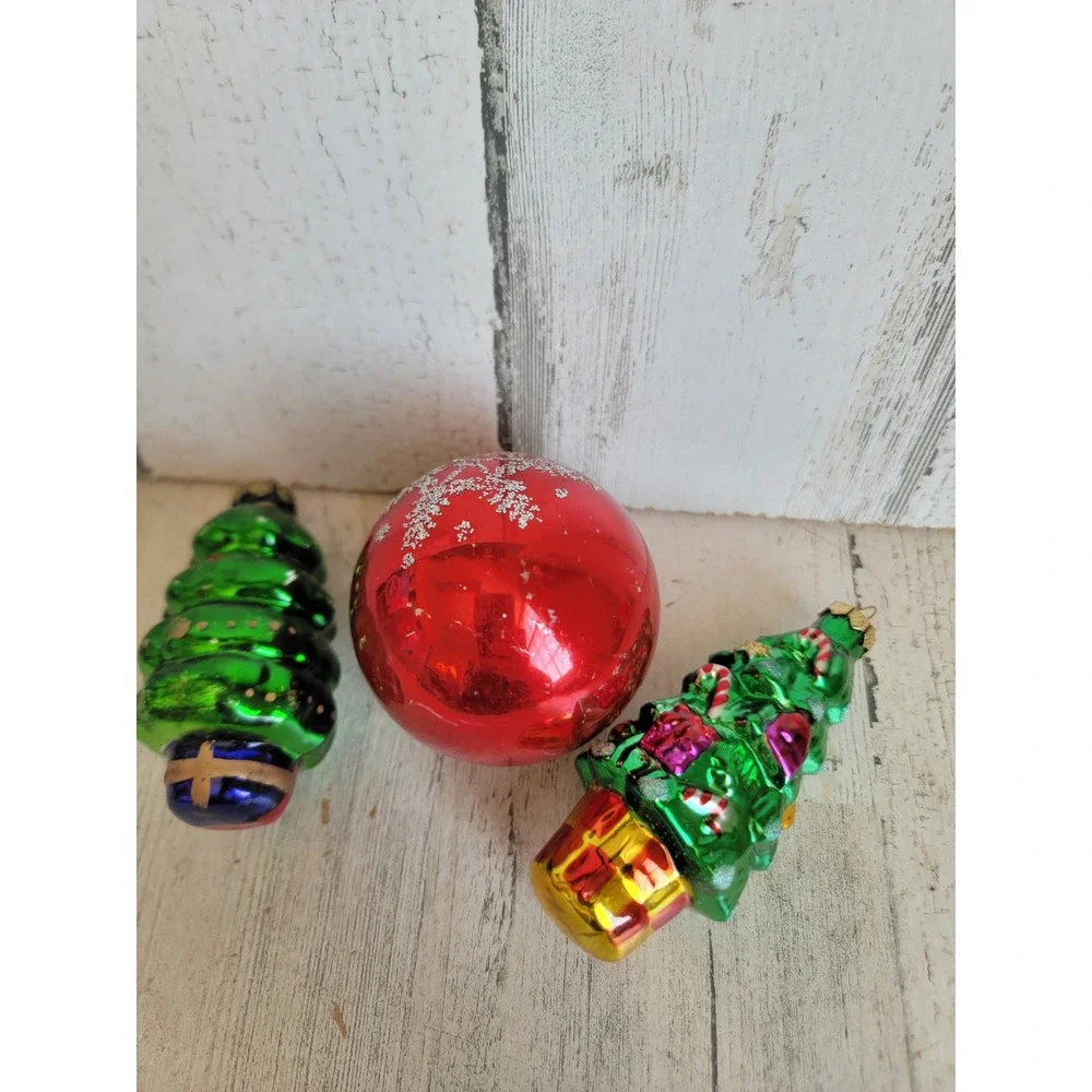 Vintage glass Xmas tree red ball snowflake unique ornament set glitter